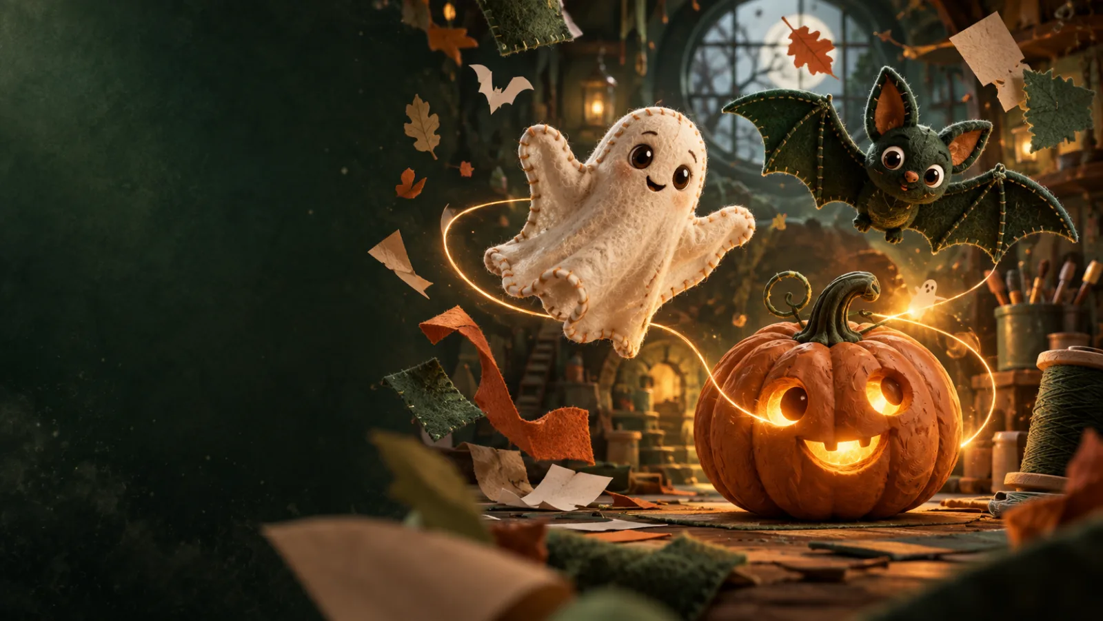 Historyczna ilustracja halloweenowych dekoracji: duszek, dynia i nietoperz